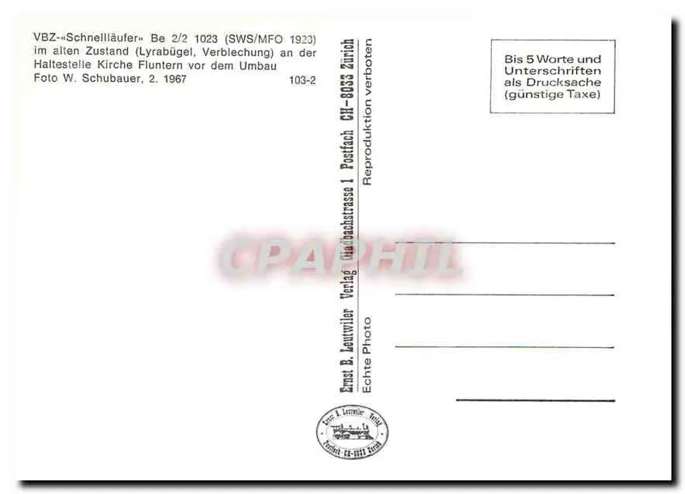 Tramway n°6 — Zurique — Editor Ernst B. Leutwiler, n° 103-2 - Verso
