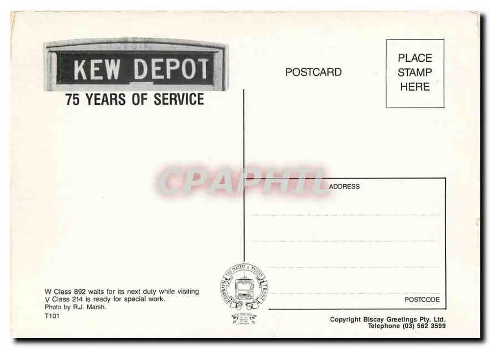 Kew Depot — 75 anos de serviço — Biscay Greetings Pty. Ltd. - Verso