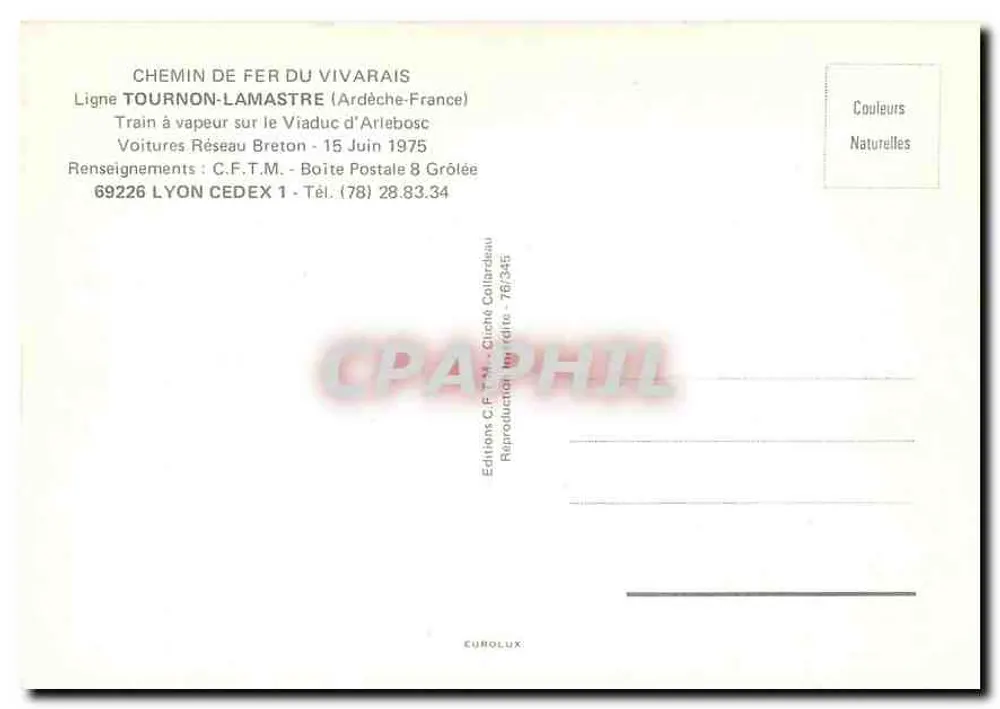 Dampfzug auf dem Viadukt von Arlebosc — Eisenbahn des Vivarais — Editions C.F.T.M. 1975 - Rückseite