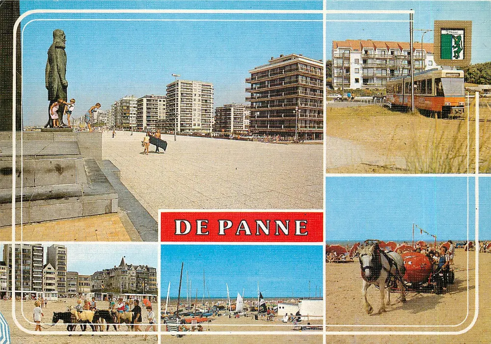 De Panne — vista panorâmica com estátua, trem, cavalos e barcos — editor avm, série D.55 - Frente