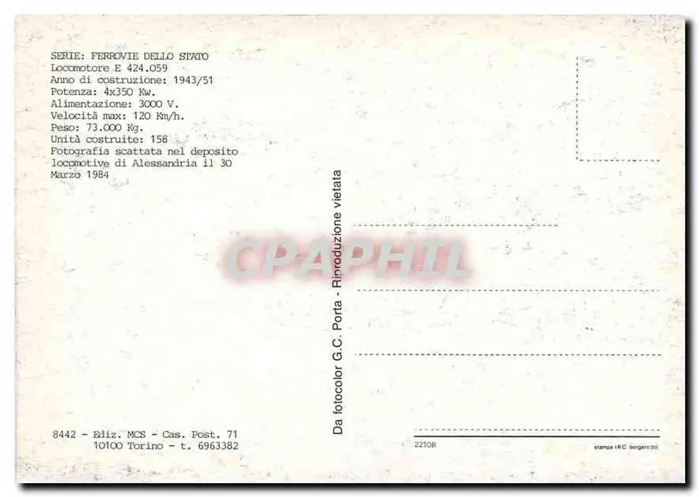 ई 424.059 लोकोमोटिव — फेरोविये डेलो स्टाटो — फोटोग्राफी अलेस्सांद्रिया में मार्च 1984 में ली गई - पीछे