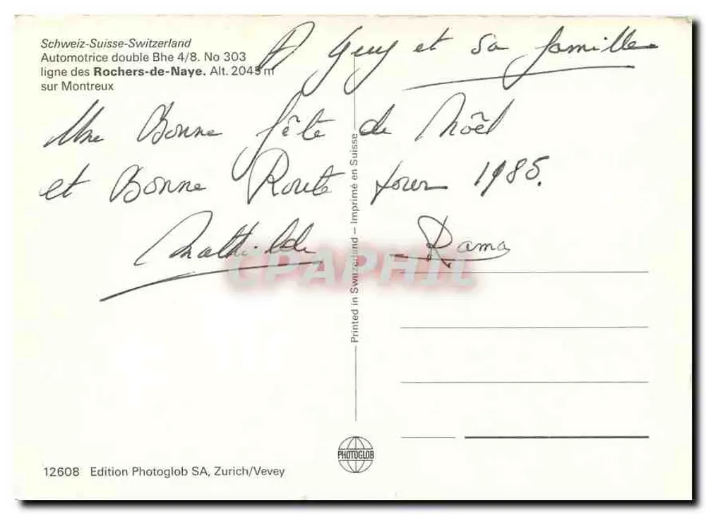 Trem dos Rochers de Naye — Automotriz Dupla Bhe 4/8 — Edição Photoglob SA, Zurique/Vevey - Verso