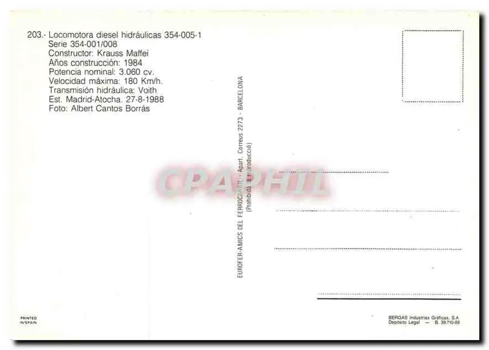 Locomotrice diesel hydraulique 354-005-1 — Série 354-001/008 — EUROFER-AMICS DEL FERROCARRIL - Verso