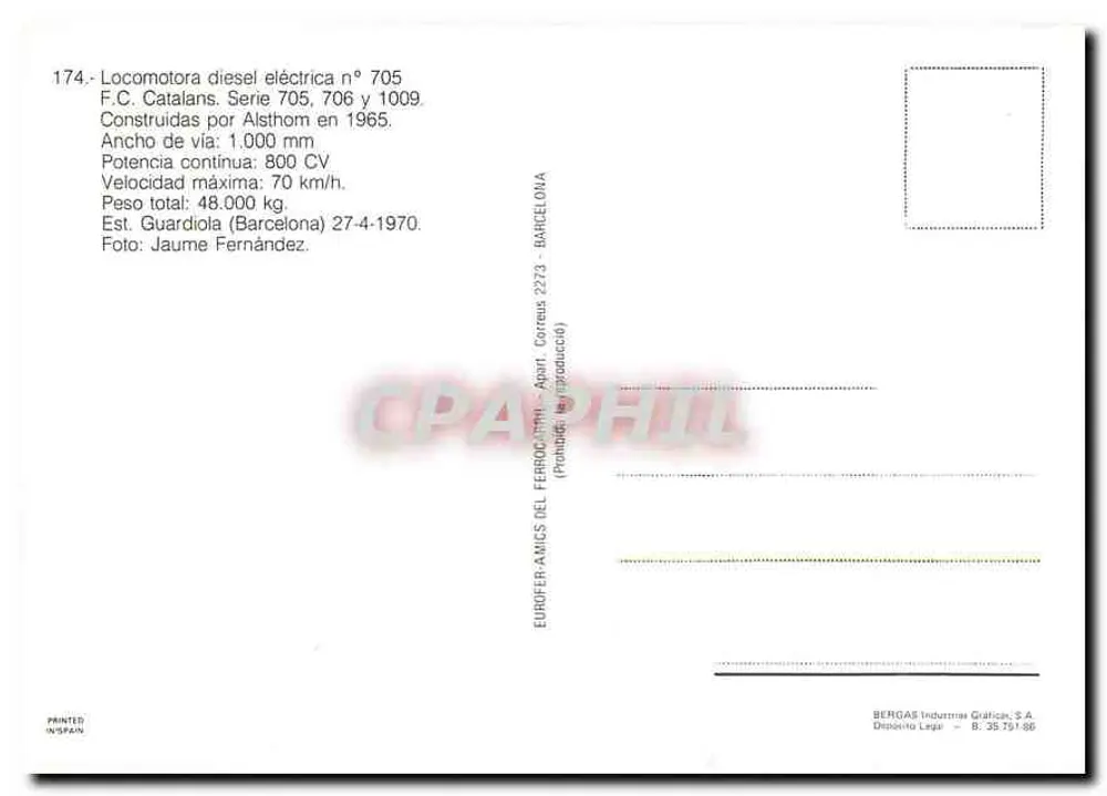 Locomotiva diesel n° 705 — F.C. Catalans, serie 705, 706 e 1009 — editore BERGAS Industrias Gráficas, S.A. - Verso