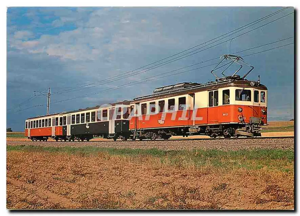 Linha ferroviária Lausanne - Echallens - Bercher — A automotriz BDe 4/4-21 puxando as reboques B-42 e B-41 — Éditions du Cabri-Quartier Verpierre - Frente