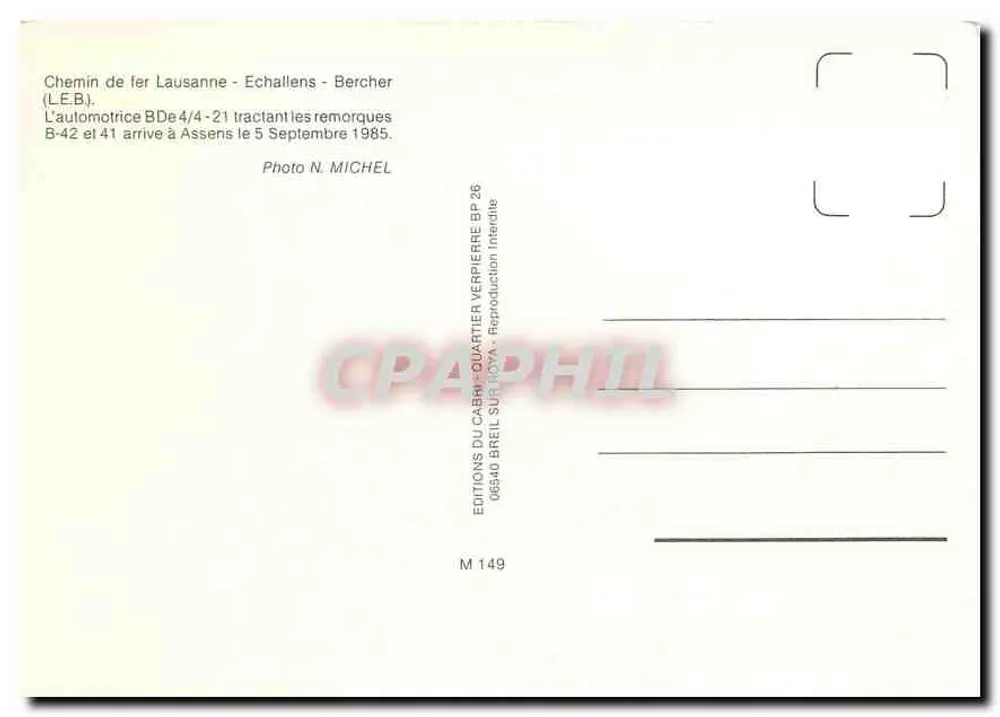 Linha ferroviária Lausanne - Echallens - Bercher — A automotriz BDe 4/4-21 puxando as reboques B-42 e B-41 — Éditions du Cabri-Quartier Verpierre - Verso