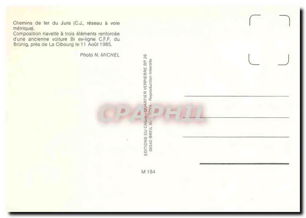 Linha férrea do Jura — composição de navette com três elementos perto de La Cibourg — Éditions du Cabri, Quartier Verpierre - Verso