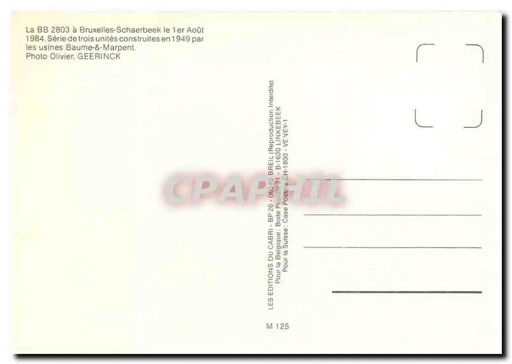 BB 2803 à Bruxelles-Schaerbeek — 1er août 1984 — Éditions du Cabri - Verso