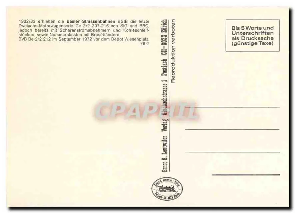 Tramway BVB 2/2 212 — Deposito Wiesenplatz — Ernst B. Lentwiler Verlag - Verso