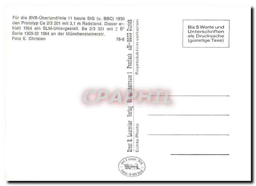 Tramway Ce 2/2 301 — Prototyp SIG (u. BBC) voor de lijn BVB-Überlandlinie 11 — Ernst B. Leuwyrier Verlag - Achterkant