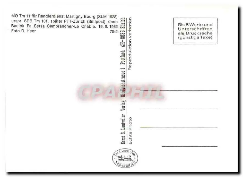 Locomotief MO Tm 11 — Martigny Bourg (SLM 1928) — Ernst B. Lauwviler Verlag - Achterkant
