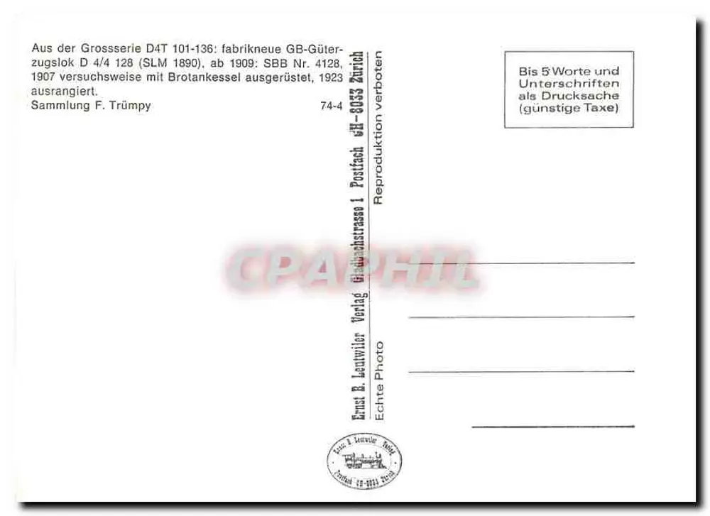 Locomotiva D 4/4 128 — Série D4T 101-136, SBB, 1907 — Ernst & Leutwiler Verlag - Verso