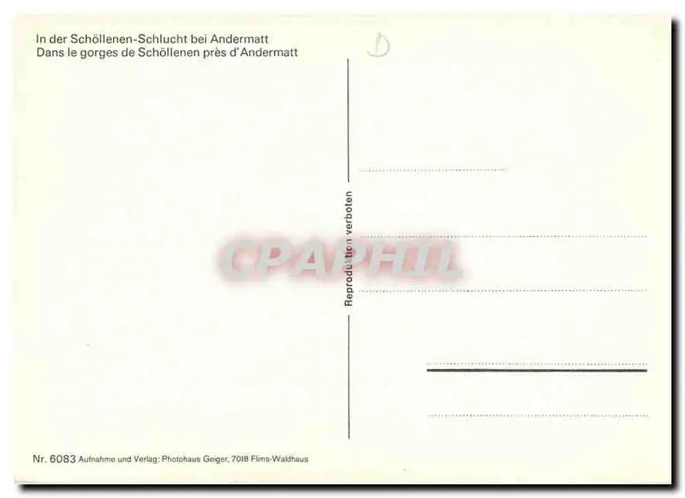 Trem e estrada nas gargantas de Schöllenen perto de Andermatt — Foto Geiger, n° 6083 - Verso