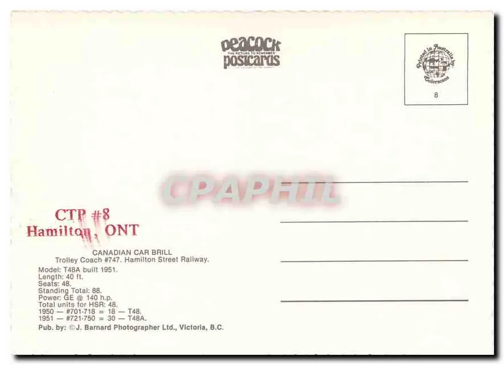 हैमिल्टन — CCF — ब्रिल ट्रॉली कोच — #747 — संपादक पीकॉक पोस्टकार्ड्स - पीछे