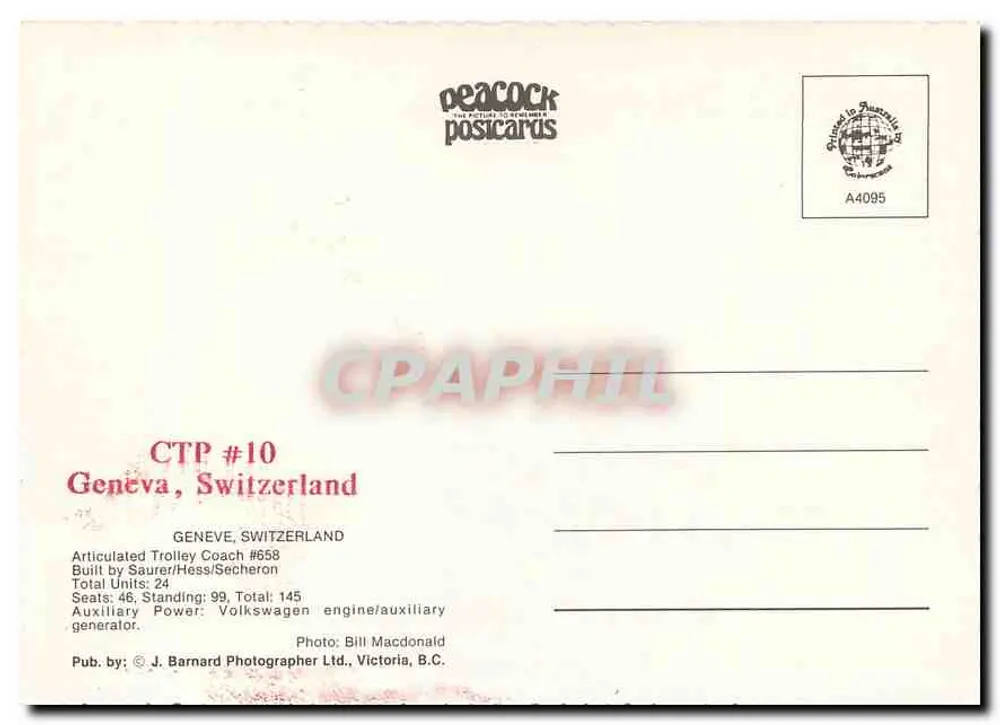 Geneve, Zwitserland - Gekoppelde tram n°658 - Peacock Postcards - Achterkant