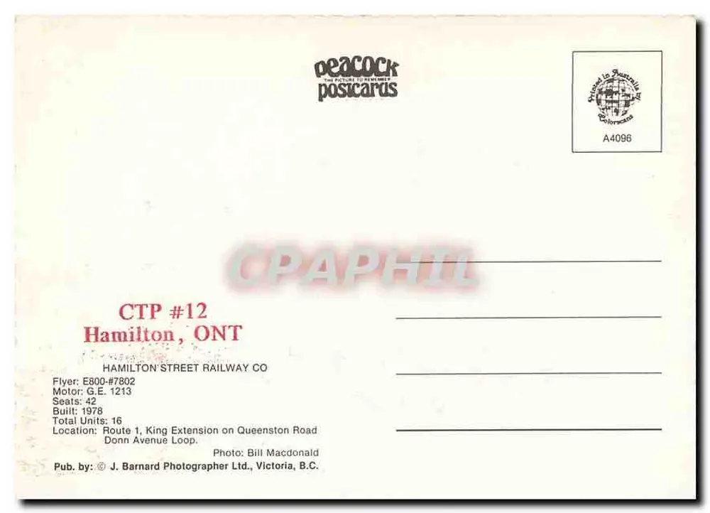 Ônibus King 1 — Hamilton Street Railway Co — Peacock Postcards - Verso