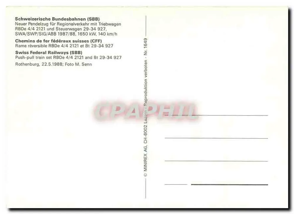 Train SBB CFF FFS — RBDe 4/4 2121 e Bt 29-34 927 — MINIREX AG - Verso