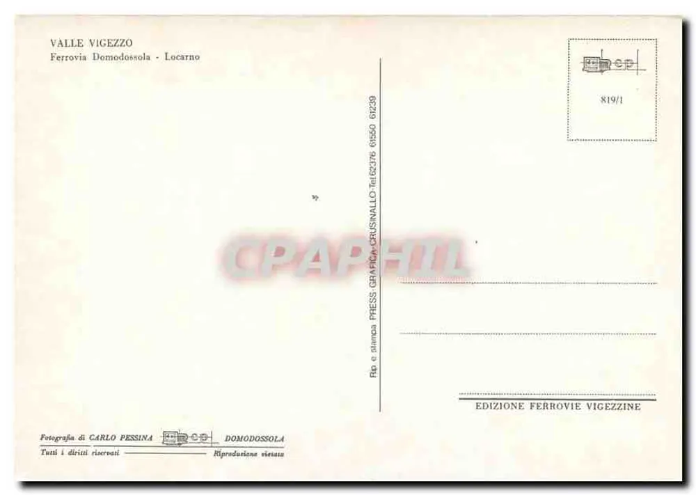 Valle Vigezzo — Ferrovia Domodossola - Locarno — Edição Ferrovie Vigezzine - Verso