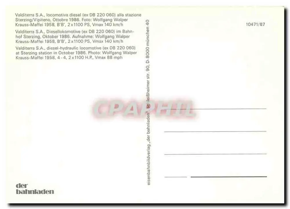 Locomotive diesel ex DB 220 060 — Sterzing/Vipiteno, octobre 1986 — der bahnladen, n° 10471/87 - Verso