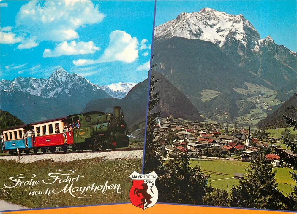 Mayrhofen — vista do vilarejo e do trem — editor Hans Fruschka - Frente