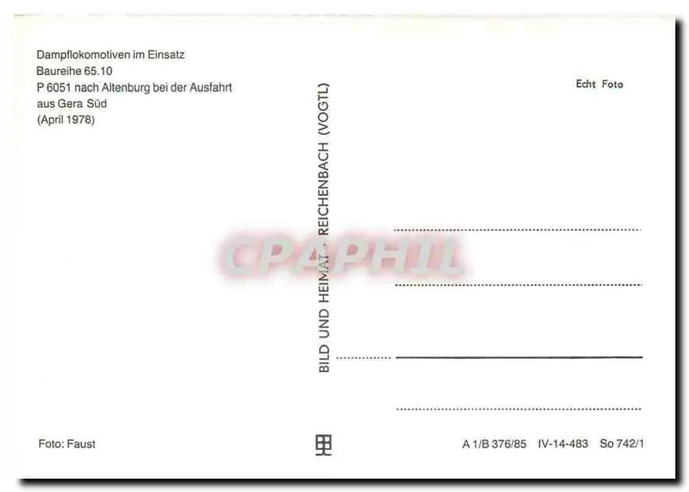 Trem a vapor P 6051 — Baureihe 65.10 — Vogtland (VOGTL) — abril 1978 - Verso