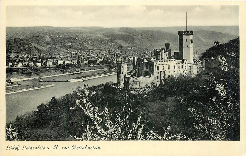 Castle Stolzenfels on the Rhine with Oberlahnstein Castle — Publisher Albert Dahn, Koblenz, No. 417 - Front