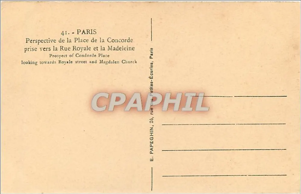 Paris — Perspectiva da Place de la Concorde — E. PAPEGHIN, 24, rue des Petites-Écuries, Paris - Verso