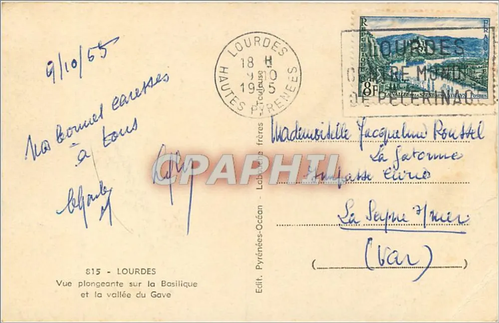 Lourdes — Vogelperspektive auf die Basilika und das Tal des Gave — Éd. Laboufrères - Rückseite