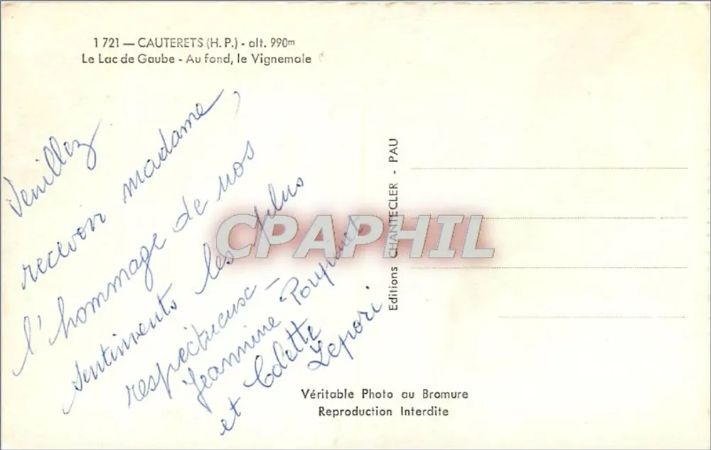 Cauterets — Lac de Gaube et le Vignemale — Éditions Chantecler - Verso