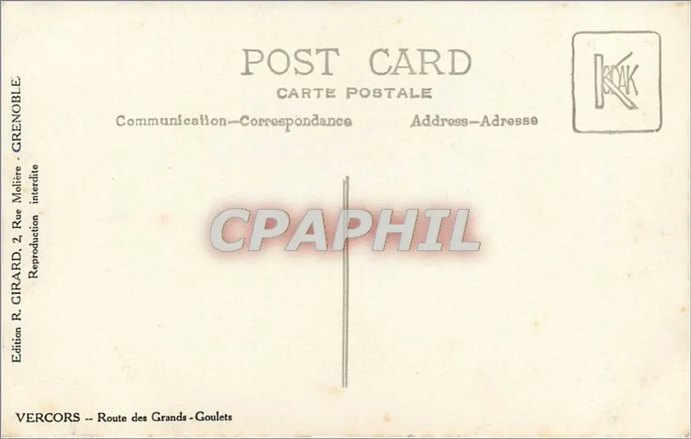 Vercors — Estrada dos Grandes-Goulets — Edição R. Girard, Grenoble - Verso