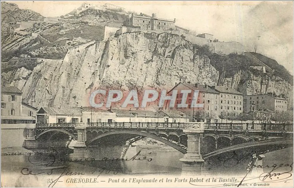 Grenoble — Brücke der Esplanade und Festungen Rabot und Bastille — Courtil Edit. Grenoble - Vorderseite