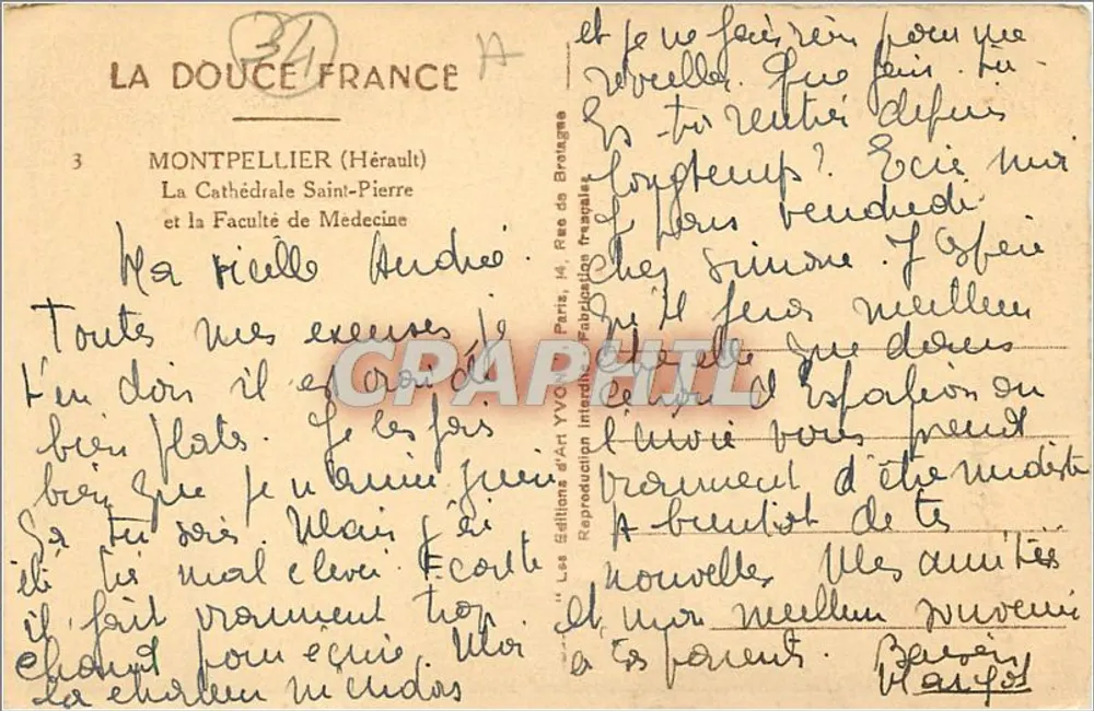 Montpellier — Cathédrale Saint-Pierre et la Faculté de Médecine — Éditions d'Art YVC, Paris - Verso