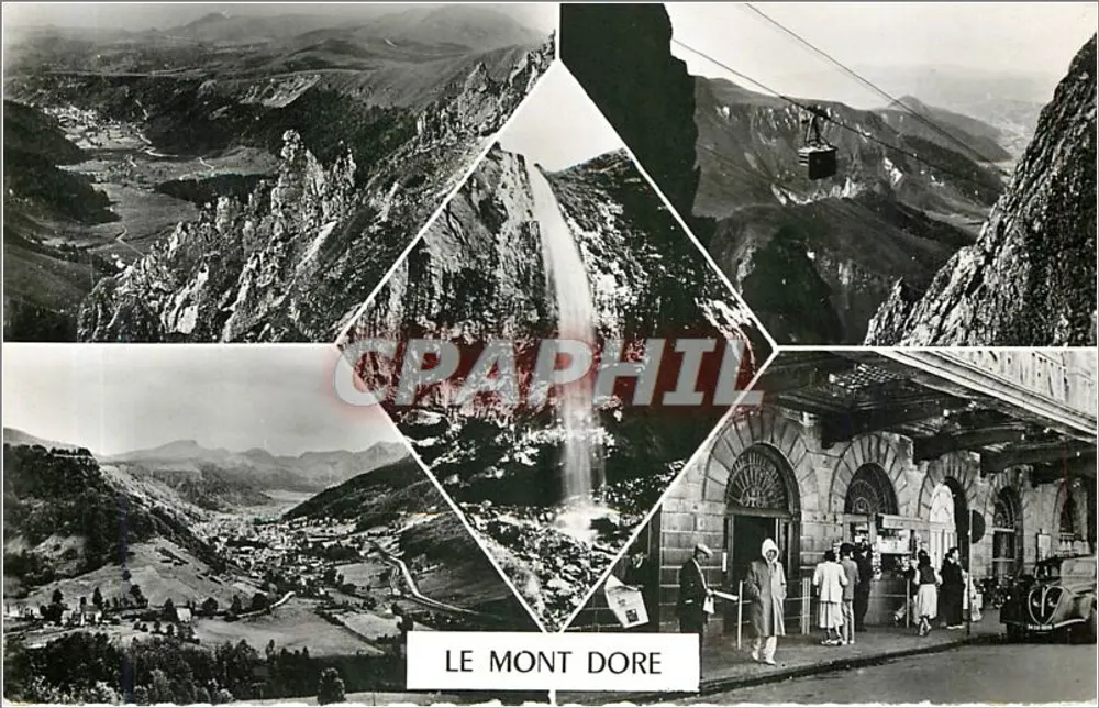 Mont Dore — panorama, wodospad, teleferyk i stacja — Wydawnictwo Artisitiques - Méridée Carrière, Paryż - Awers