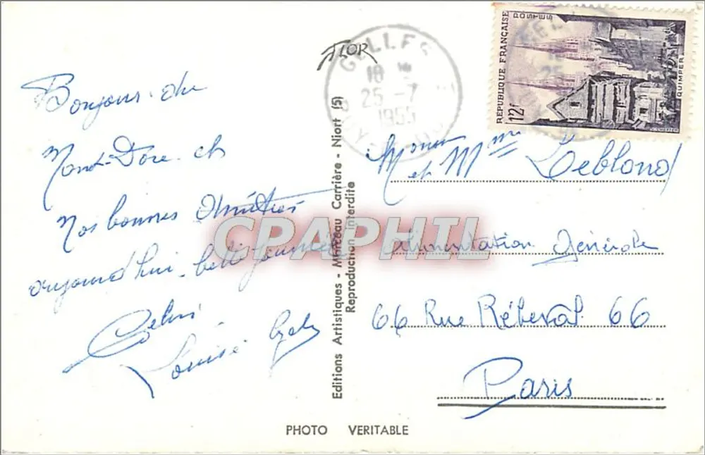 Mont Dore — panorama, wodospad, teleferyk i stacja — Wydawnictwo Artisitiques - Méridée Carrière, Paryż - Rewers