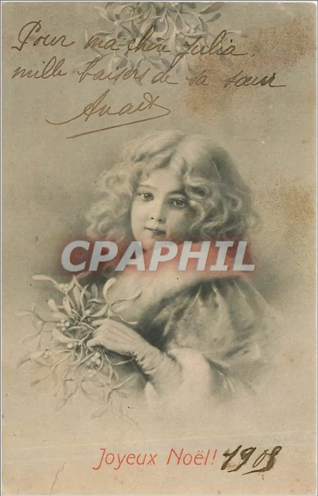 Menina segurando folhas de morango — Feliz Natal 1908 — M. M. Vienne, Nr. 202 - Frente