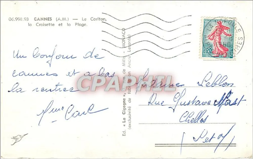 Cannes (A.M.) — Le Carlton, la Croisette et la Plage — Éd. La Cigogne - Verso