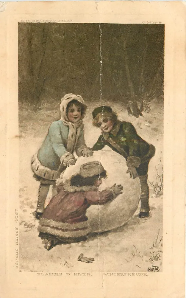Crianças brincando com um homem de neve — H.M. BENNETT PINK — G.M.R.-B — n° 4504 - Frente
