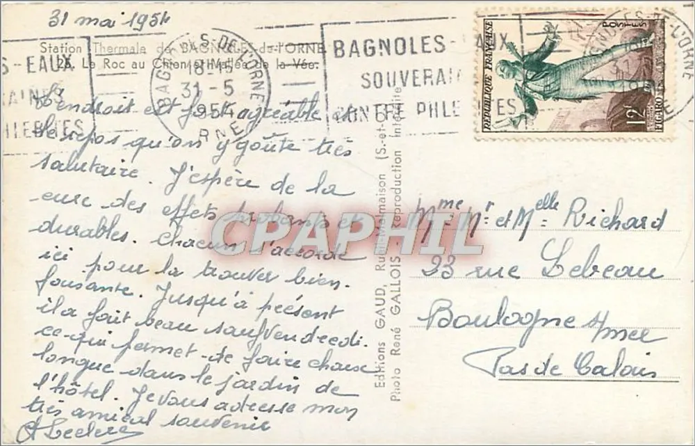 Bagnères-de-Bigorre — Vue du Roc au Chien et de l'hôtel — Éditions Gaud, Rue de la Maison - Verso
