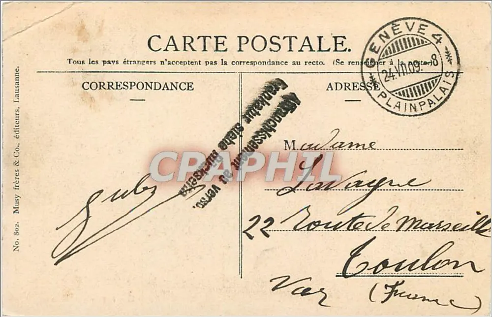 Genebra - A Baía — editor Musy Frères & Co., Lausanne, n°802 - Verso