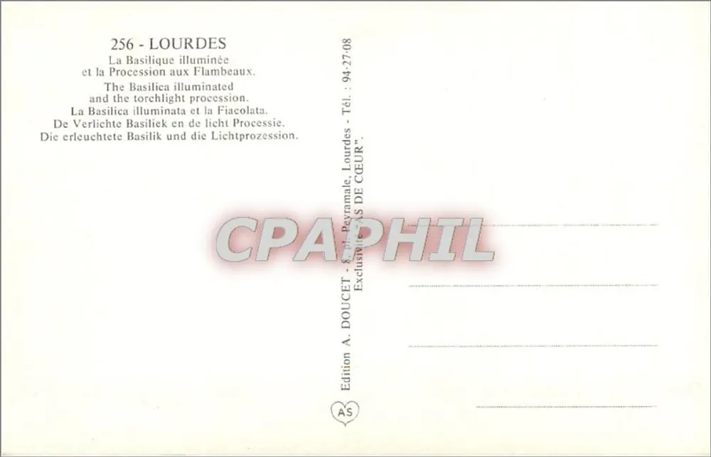 Lourdes — Die beleuchtete Basilika und die Prozession mit Fackeln — Edition A. DOUCET - Rückseite