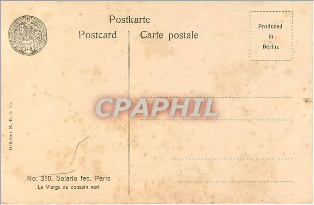 La Vierge au coussin vert — Solario fec. Paris — No. 350 — Hallolint M. B. & Co. - Verso