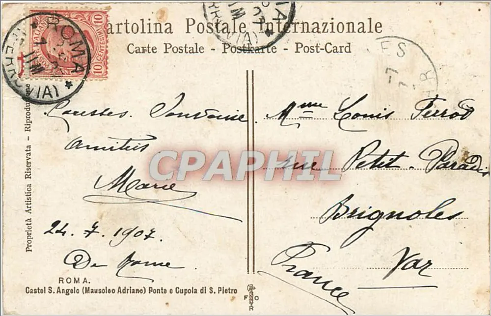 Rom — Ponte Sant'Angelo und die Kuppel von St. Peter — Artolina Postale Internazionale - Rückseite