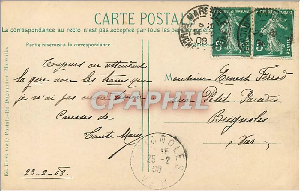 Marselha - Arco do Triunfo (Porto de Aix) — editor Ed. Doek, n° 5800 - Verso