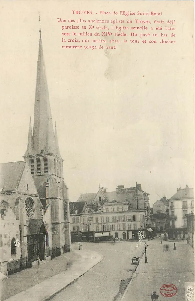 Troyes - Praça da Igreja de Saint-Rémi — igreja e rua — editor impr. de Troyes - Frente