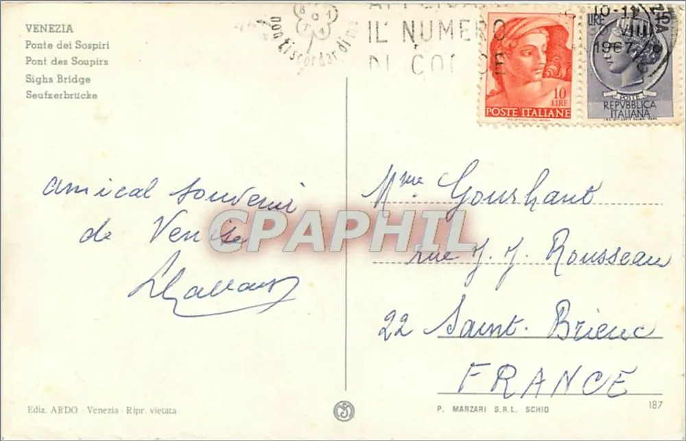 Veneza — Ponte dos Suspiros e gôndola — Ediz. ARDO, n° 187 - Verso