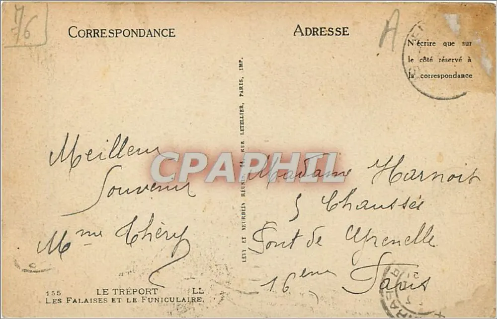 Les Falaises et le Funiculaire — Le Tréport — Éditeur : Levi et Neurbein, n° 155 - Verso