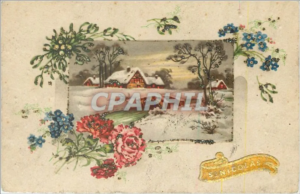 Scène hivernale — village enneigé avec maison rouge — éditeur La Rose - Frente