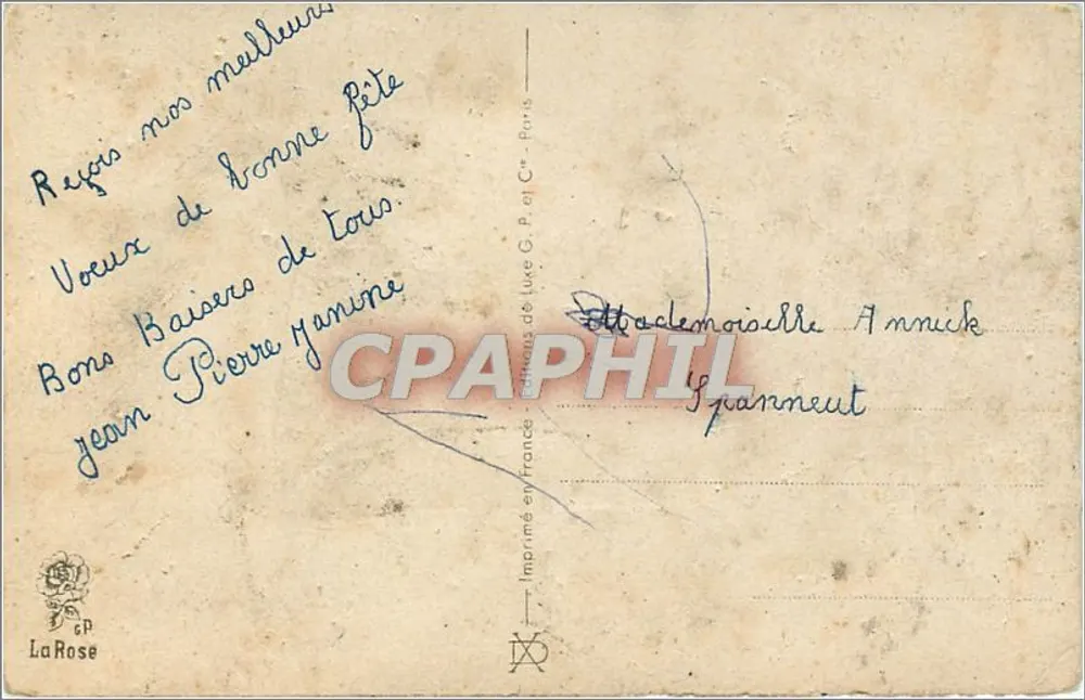 Scène hivernale — village enneigé avec maison rouge — éditeur La Rose - Verso