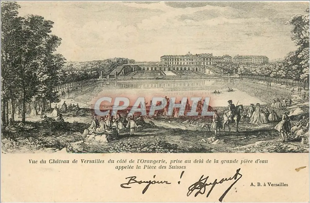 Vue du Château de Versailles du côté de l'Orangerie, appelée la Pièce des Suisses — A. B. à Versailles - Recto