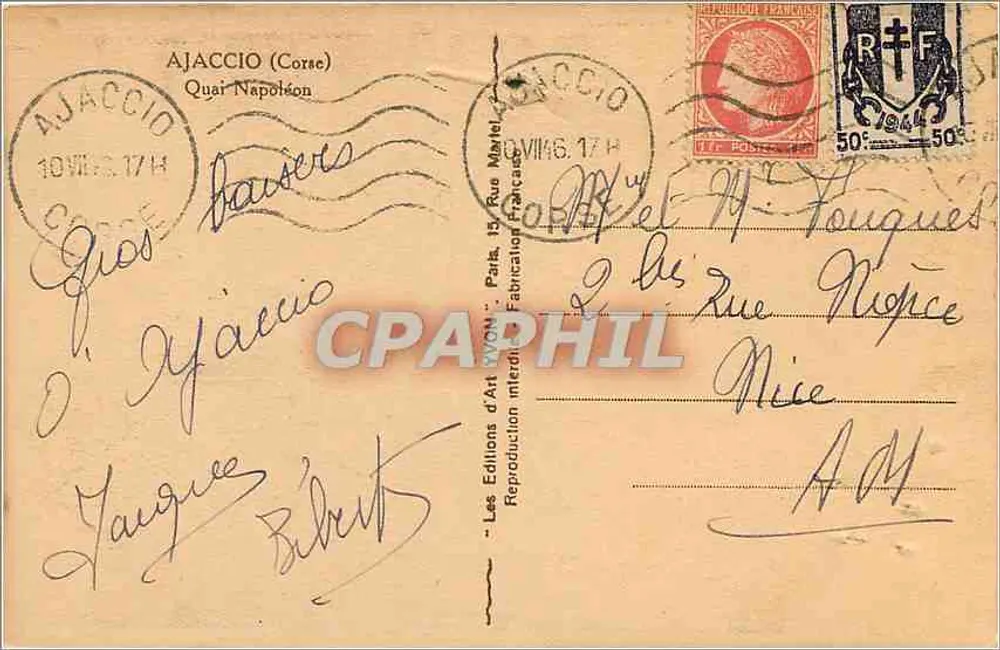 Puerto de Ajaccio — Vista del vapor 'OLI' — Les Éditions d'Art WYON, París - Reverso